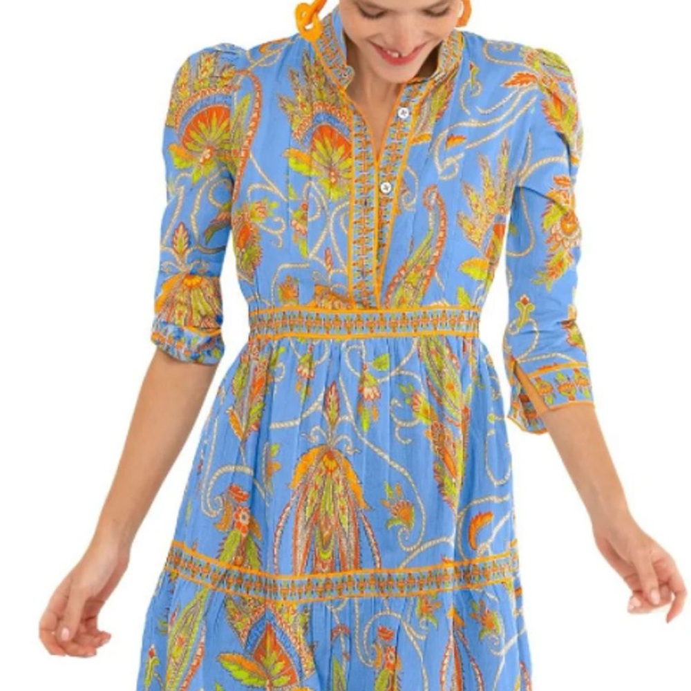 Gretchen Scott Designs Blue and Gold Puff Sleeve Sundress